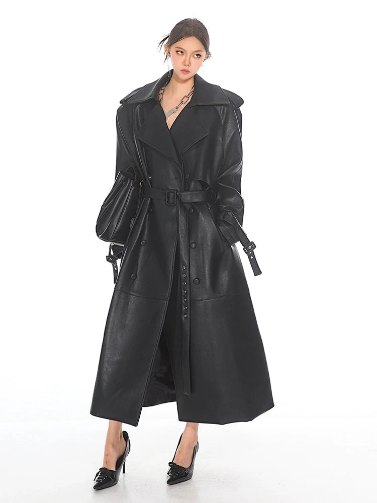 Oversized Belted Faux Leather Coat With Wide Lapels 7 Oversized Belted Faux Leather Coat With Wide Lapels - Image 7