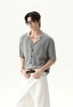 Cable Knit Button-Up Short Sleeve Shirt With Open Collar -Modern Wear Shop 85245939f6496f9ea22cf9f11db14be4