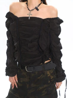Ruffled Off-Shoulder Crinkle Texture Long Sleeve Top -Modern Wear Shop 8555364d15ebc01614feb5d11804476f