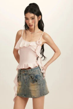 Spaghetti Strap Ruffle Trim Top With Floral Accent -Modern Wear Shop 857d6613e72ee8e05f0b04ad2254af96