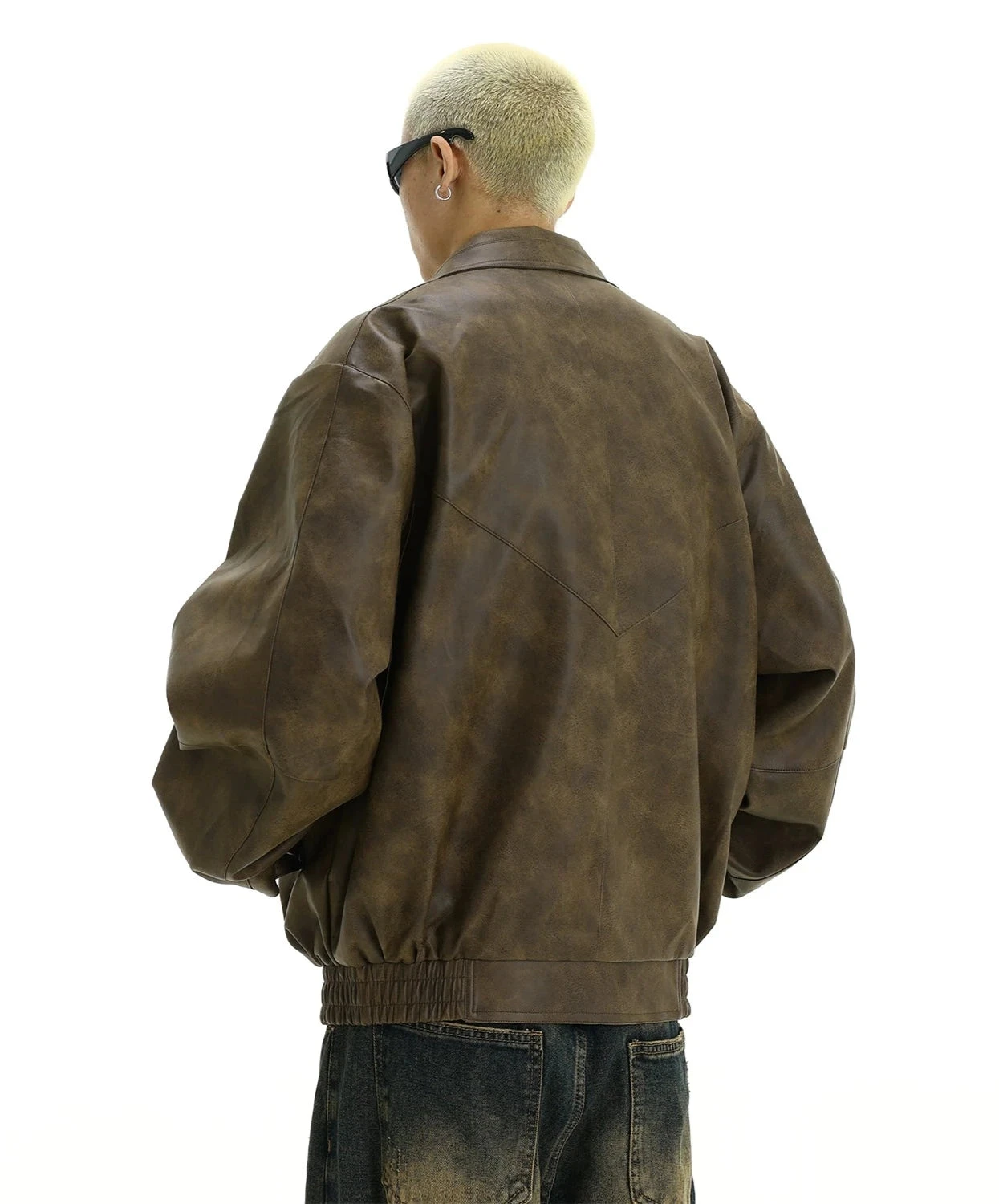 Oversized Faux Leather Panelled Collared Bomber Jacket 7 Oversized Faux Leather Panelled Collared Bomber Jacket - Image 7