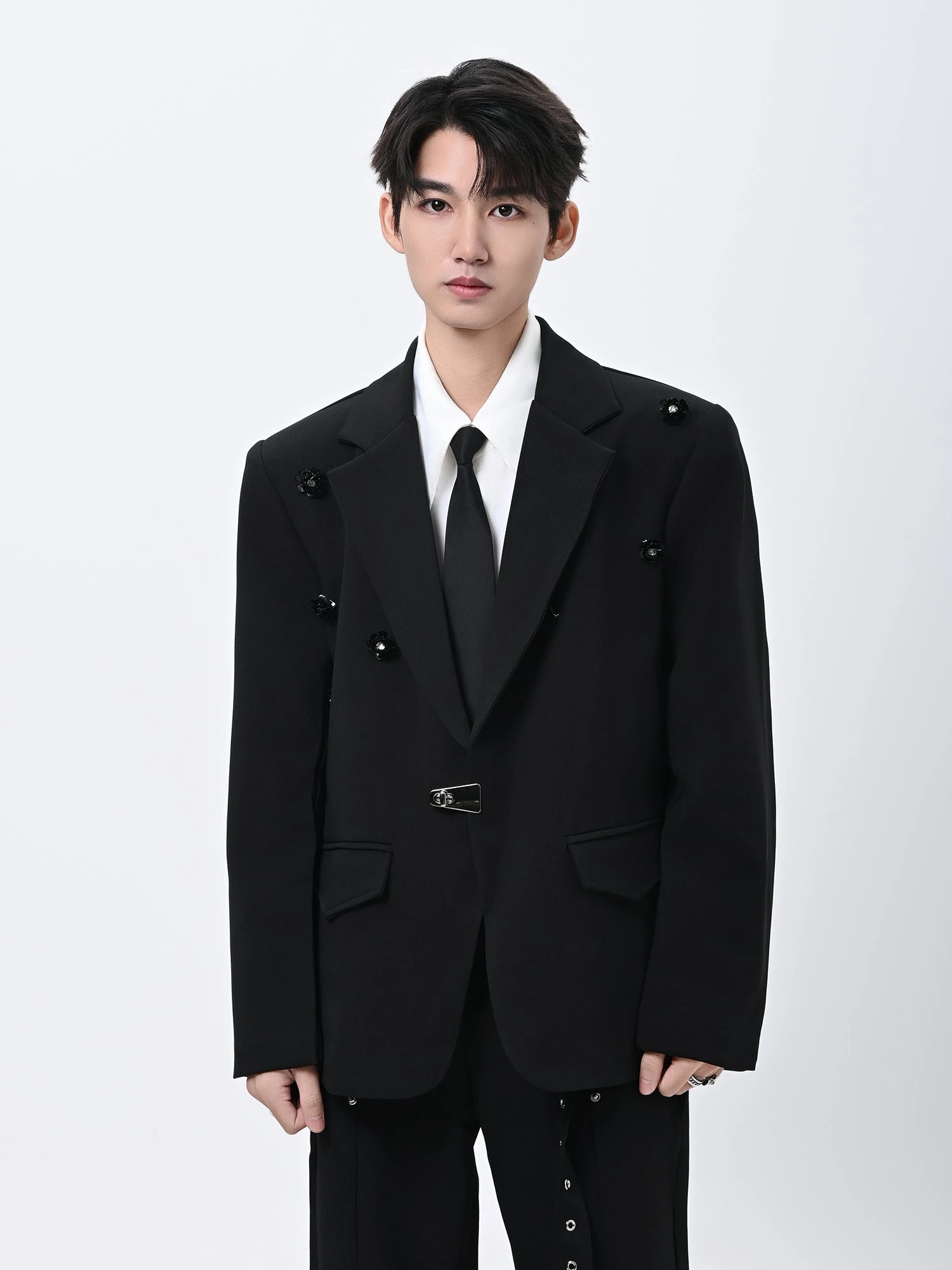Tailored Blazer With Metal Clasp And Flower Embellishment 1 Tailored Blazer With Metal Clasp And Flower Embellishment