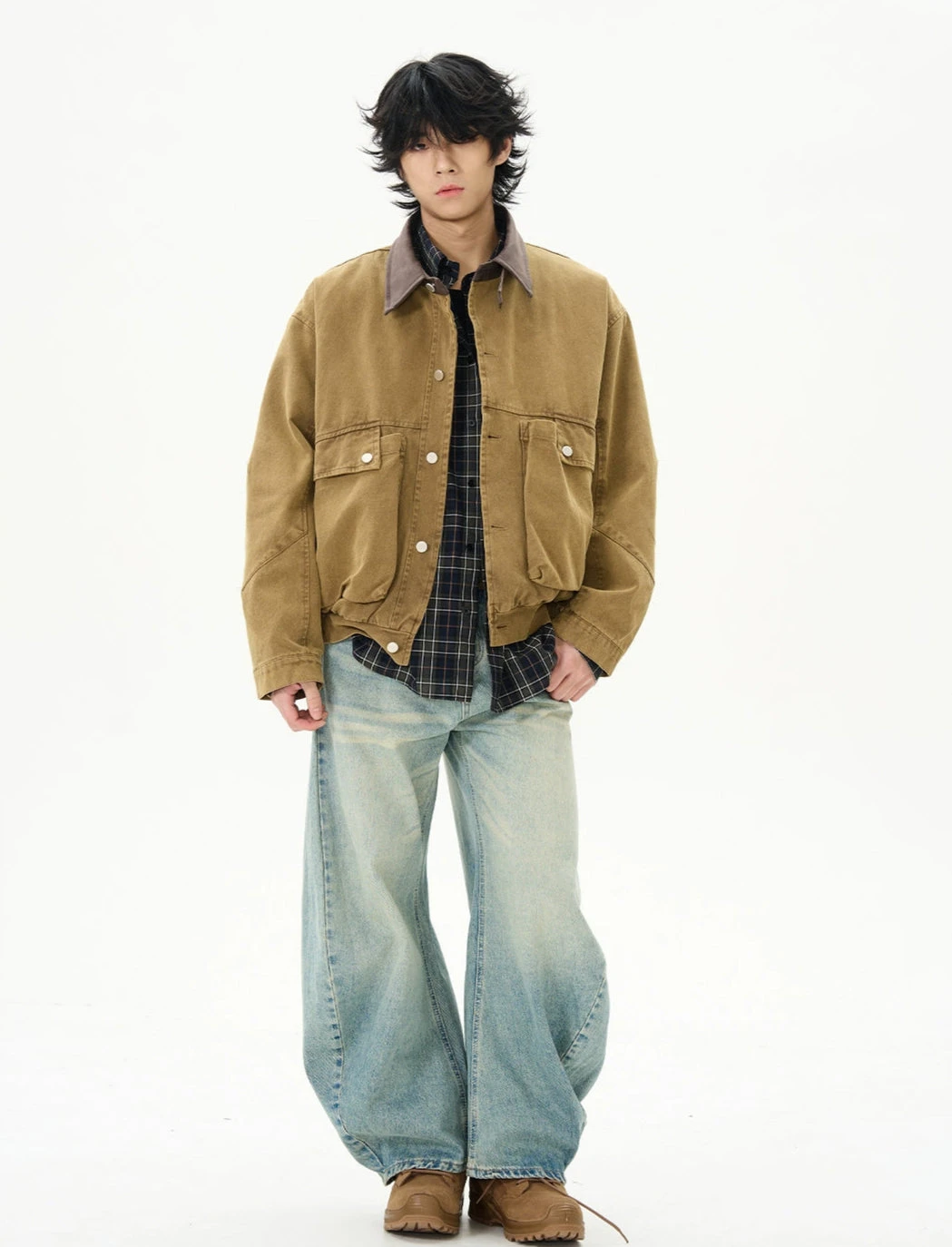 Oversized Worker Button Jacket With Contrast Collar 4 Oversized Worker Button Jacket With Contrast Collar - Image 4