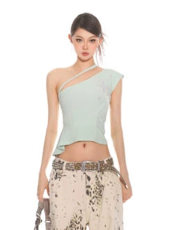 Asymmetrical One-Shoulder Crop Top With Embroidery Detail