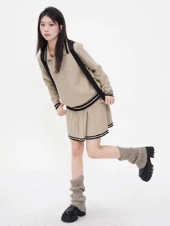 Contrast Trim Half Button Sweatshirt And Pleated Skirt Two-Piece Set -Modern Wear Shop 863aea9a55db474b07dde8eb1d877ac2