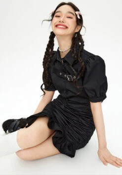 Puff Sleeve Ruffle Hem Ruched Midi Dress With Belt Detail -Modern Wear Shop 863f5e7647052df973a9711844cb9a65