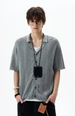 Textured Cable Knit Button-Up Shirt With Spread Collar