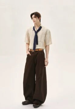 Textured Short Sleeve Button-Up Stripe Shirt With Chest Pocket And Necktie -Modern Wear Shop 86882ffe6431211a9c1d41f4b3e80175