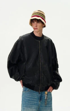 Oversized Distressed Faux Leather Bomber Jacket With Sleeve Pocket 21 Oversized Distressed Faux Leather Bomber Jacket With Sleeve Pocket -Modern Wear Shop 87a073b978035c4753e5b0fab5f1e603