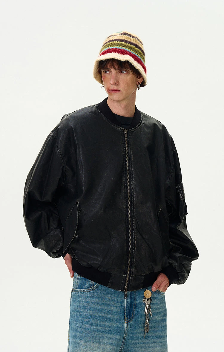 Oversized Distressed Faux Leather Bomber Jacket With Sleeve Pocket 6 Oversized Distressed Faux Leather Bomber Jacket With Sleeve Pocket - Image 6