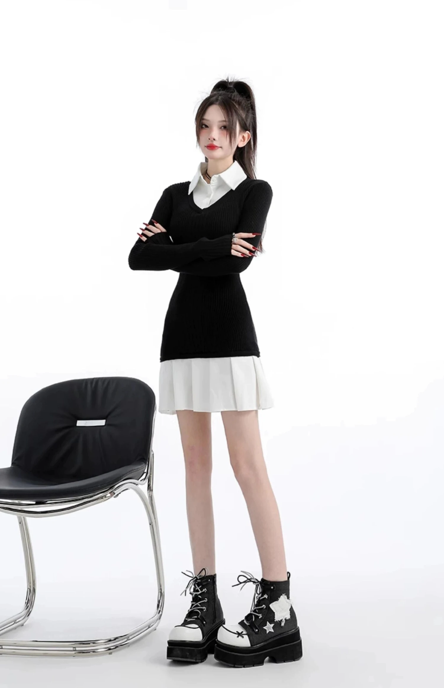 Mock Layered Pleated Hem Long Sleeve Dress 15 Mock Layered Pleated Hem Long Sleeve Dress - Image 15