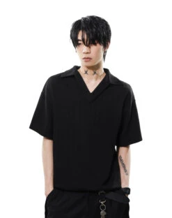 Textured Knit V-Neck Polo Collar Short Sleeve Top -Modern Wear Shop 881ba18b2a83f64007ec61bf214cc7b5