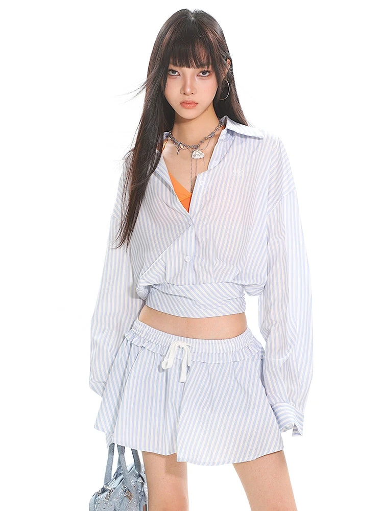 Striped Button-Up Long Sleeve Shirt And Elastic Waist Mini Skirt Two-Piece Set 2 Striped Button-Up Long Sleeve Shirt And Elastic Waist Mini Skirt Two-Piece Set - Image 2
