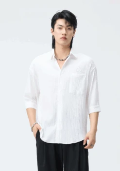 Crinkle Oversized Cropped-Sleeve Button-Up Shirt