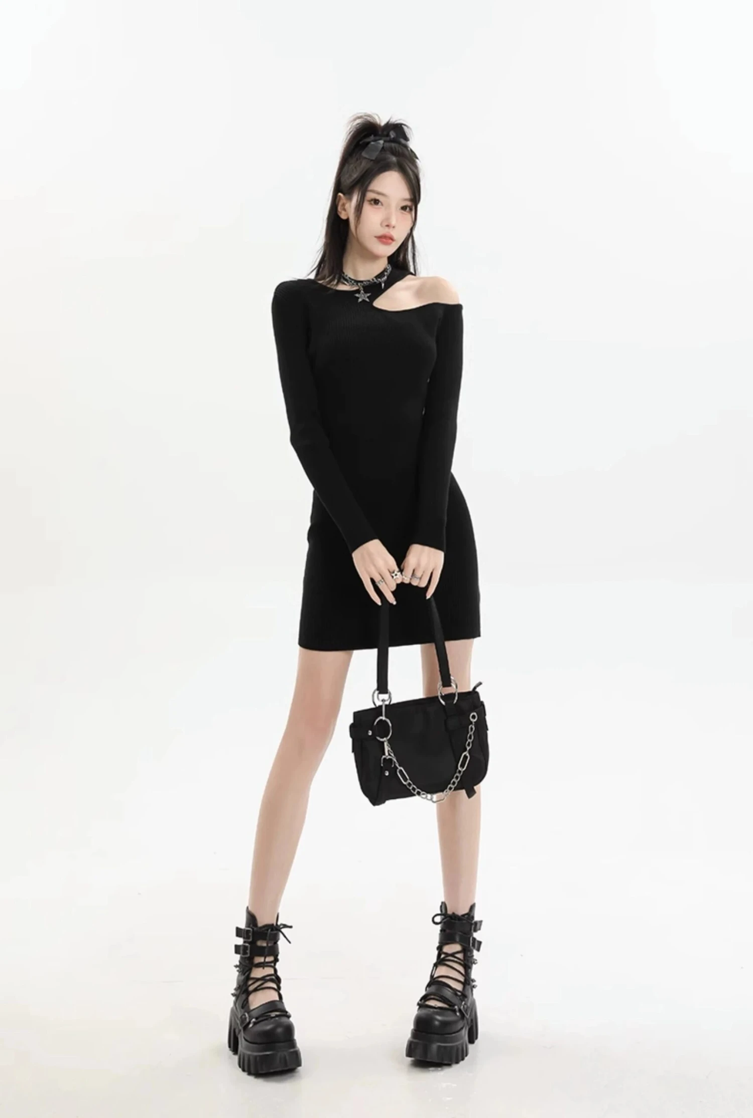 Asymmetric Collar Long Sleeve Bodycon Mini Dress 8 Asymmetric Collar Long Sleeve Bodycon Mini Dress - Image 8