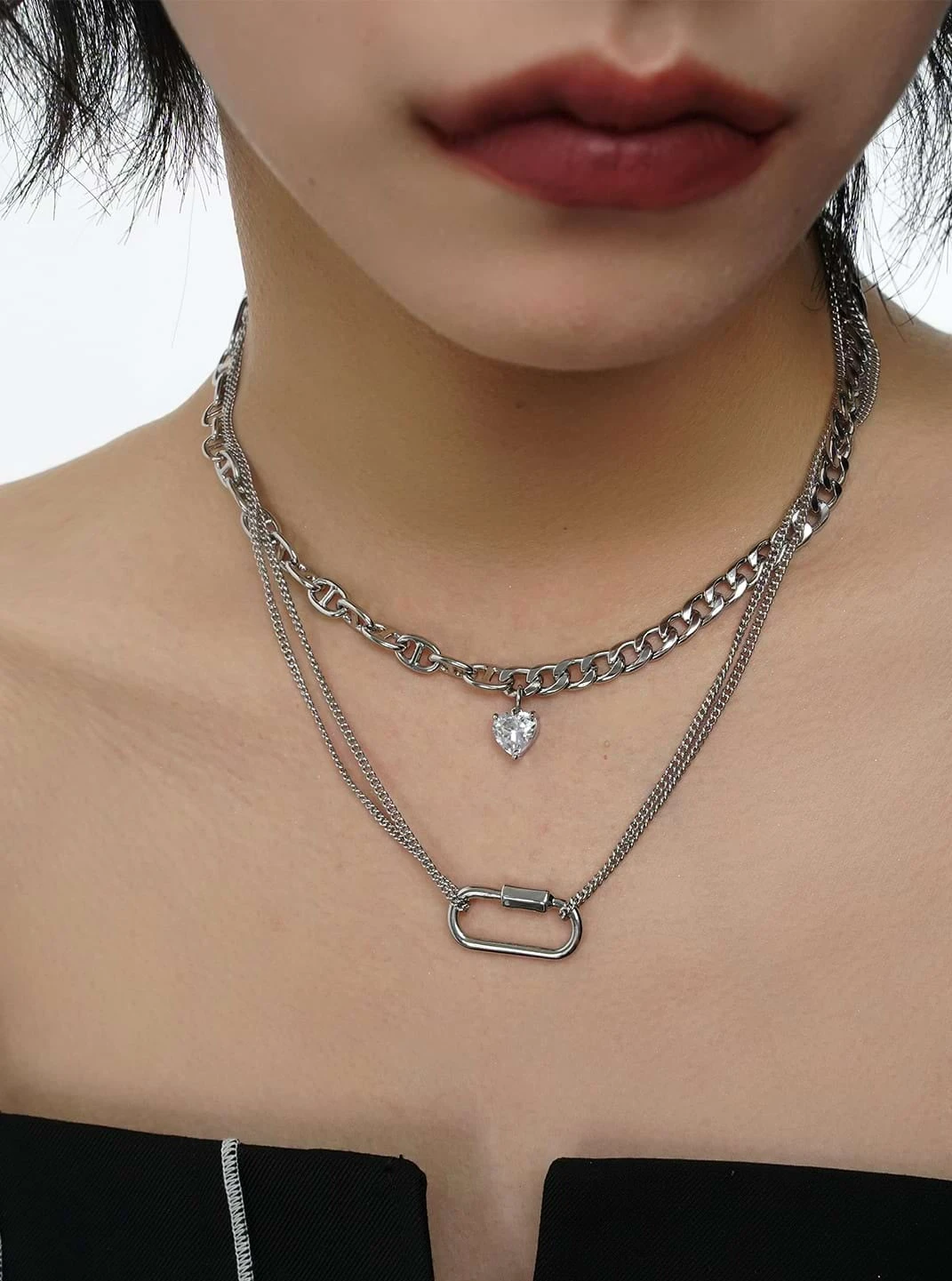 Multi Layer Chain Necklace With Heart Stud And Hollow Pendant 6 Multi Layer Chain Necklace With Heart Stud And Hollow Pendant - Image 6
