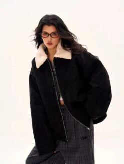Oversized Contrast Shearling Collar Zip Jacket -Modern Wear Shop 888b5f6b6387ef2b4d732473a984ee4e