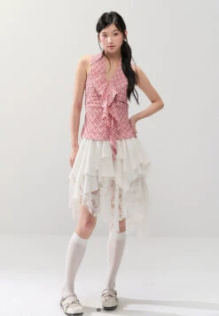 Sleeveless Checker Ruffle Front Tie Halter Top -Modern Wear Shop 88b15acae5a11419fc011846e970e3c3