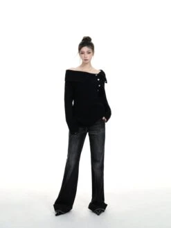 Off-Shoulder Buttoned Knit Sweater Top -Modern Wear Shop 89192a16ef44bc5ce6a1a476386a2dd4