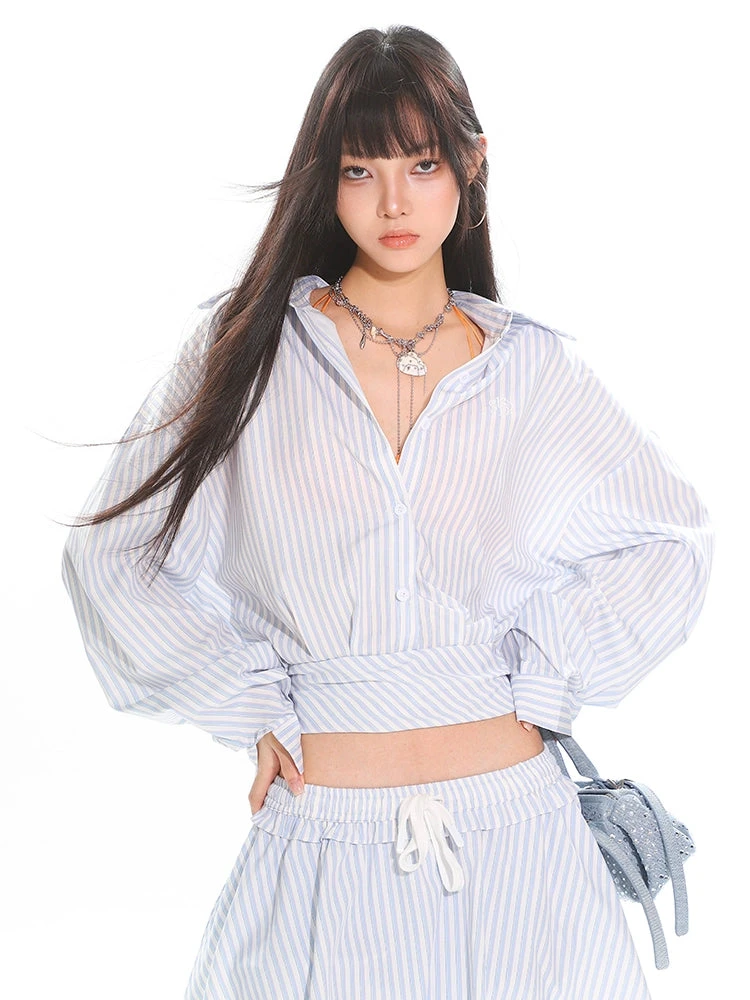 Striped Button-Up Long Sleeve Shirt And Elastic Waist Mini Skirt Two-Piece Set 3 Striped Button-Up Long Sleeve Shirt And Elastic Waist Mini Skirt Two-Piece Set - Image 3