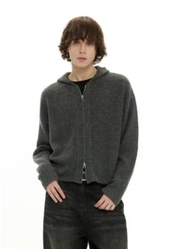Zigzag Pattern Two Way Zip Knit Hoodie Jacket