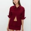 Button-Up 3/4 Sleeve Shirt And Mini Skirt Two-Piece Set