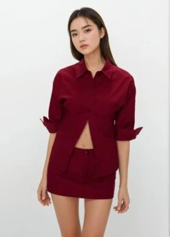 Button-Up 3/4 Sleeve Shirt And Mini Skirt Two-Piece Set