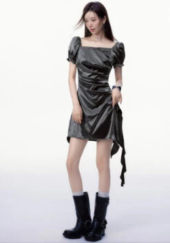 Satin Puff Sleeve Ruched Asymmetric Mini Dress -Modern Wear Shop 89a008b36d842b959e2922fbf9833e08
