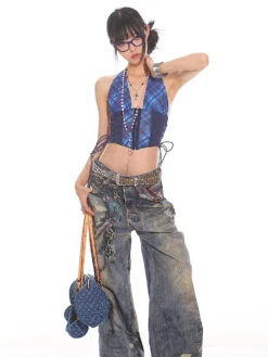 Plaid Halter Neck Crop Top With Side Lacing -Modern Wear Shop 89a43b7c4c1291edffc622de01e83ce8