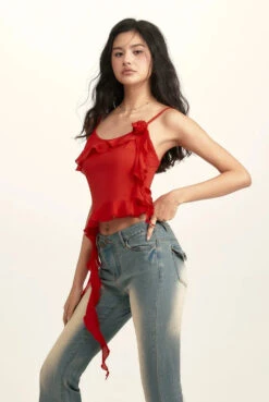 Spaghetti Strap Ruffle Trim Top With Floral Accent -Modern Wear Shop 89cd1e9fbdc24dcd12a8ca85d8d3d7af