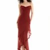 Ruched Mesh Asymmetric Hem Adjustable Strap Maxi Dress