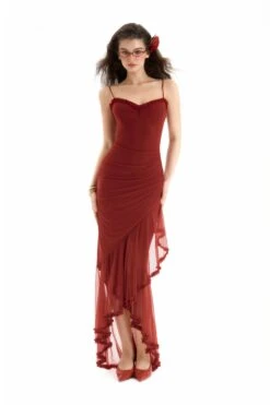 Ruched Mesh Asymmetric Hem Adjustable Strap Maxi Dress