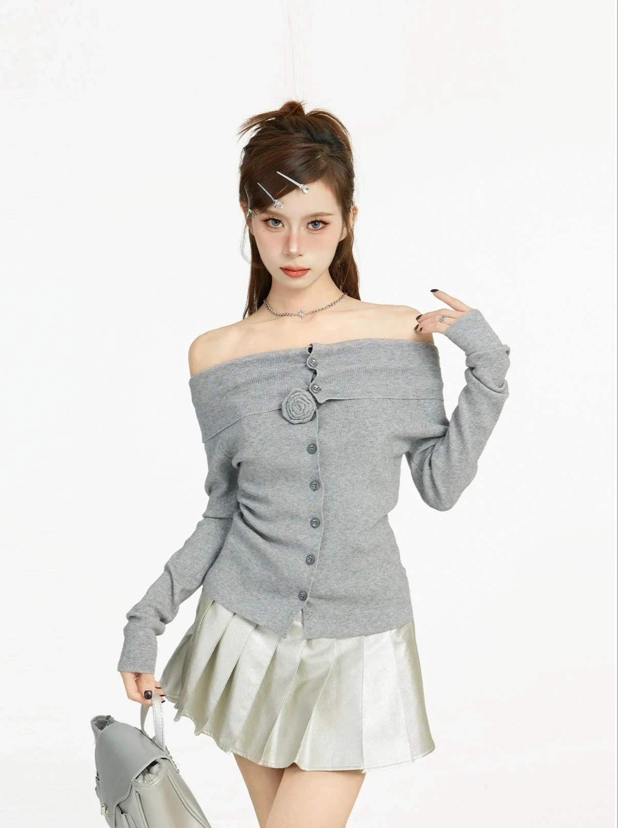 Off Shoulder Long Sleeve Button Top With Flower Applique 5 Off Shoulder Long Sleeve Button Top With Flower Applique - Image 5