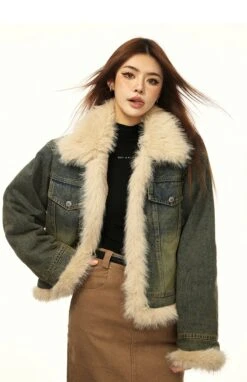 Vintage Washed Faux Fur Trim Denim Jacket