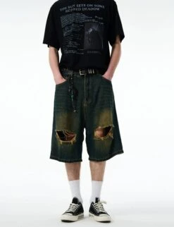 Distressed Denim Bermuda Shorts With Frayed Hems