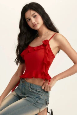 Spaghetti Strap Ruffle Trim Top With Floral Accent -Modern Wear Shop 8af8436572956089388e8ef7870569b9