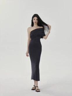 One-Shoulder Ruched Layered Midi Dress -Modern Wear Shop 8b1f9ae2f6d22a9451ba0295dab233f2