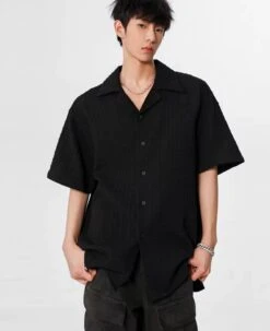 Textured Button-Up Shirt With Camp Collar -Modern Wear Shop 8b288972699f80a825a740721bc0929c