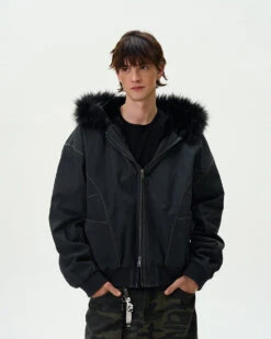 Contrast Stitch Oversized Faux Fur Hooded Bomber Jacket -Modern Wear Shop 8b568b1f9c8d7864c501e994414534c8