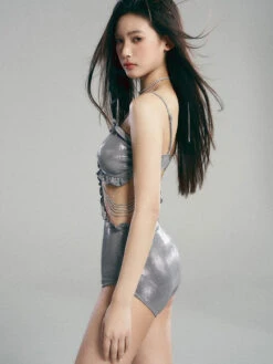 Metallic Ruched One-Piece Swimsuit With Tie Front -Modern Wear Shop 8b923225b8e83213991042378584825f