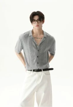 Cable Knit Button-Up Short Sleeve Shirt With Open Collar -Modern Wear Shop 8bf18f27cef78deb79c77b3194a8e722