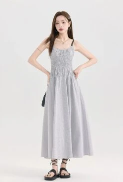 Striped Midi Sundress With Smocked Bodice And Adjustable Straps