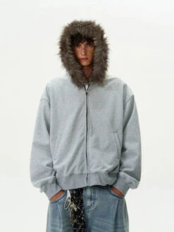 Faux Fur Hooded Zip Jacket With Pockets