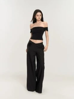Wide-Leg Low Waist V-Shape Trousers With Floral Accent -Modern Wear Shop 8ca1506807d4a79800b7b6ccaf4e5431