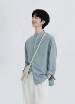 Oversized Long Sleeve Band Collar Button-Up Shirt