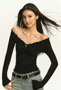 Scalloped Neckline Ribbed Long Sleeve Top -Modern Wear Shop 8d250f16741194bf3156a5b1fc15a06f