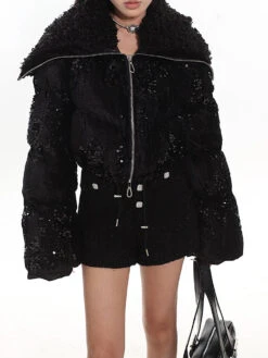 Sequin-Embellished Puffer Jacket With Shearling Trim -Modern Wear Shop 8d59a7bdf3f5b6ad5fe72f0a2be203fe