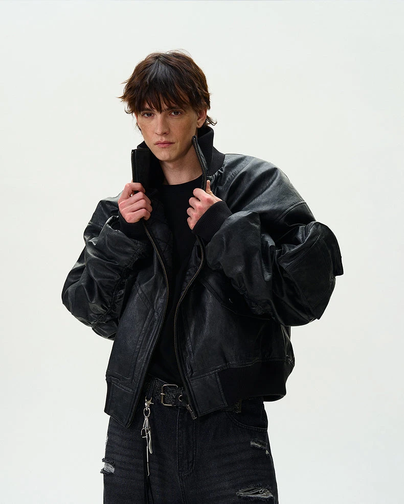 Oversized Faux Leather Mid Crop Bomber Jacket With Sleeve Zip Pocket 8 Oversized Faux Leather Mid Crop Bomber Jacket With Sleeve Zip Pocket - Image 8