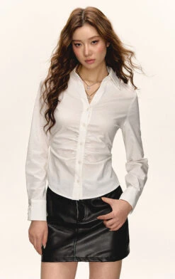 Ruched Button-Up Long Sleeve Collared Shirt -Modern Wear Shop 8df92f906e91a781ce3fcdda7c75fe5a