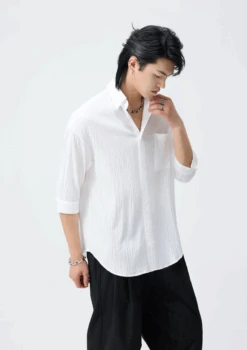 Crinkle Oversized Cropped-Sleeve Button-Up Shirt -Modern Wear Shop 8e6cdeaeda96b15ad8c7d02a06d4e183